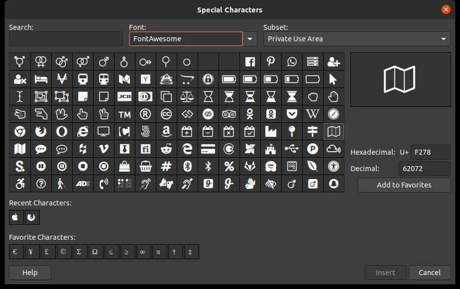 Character picker dialog in LibreOffice